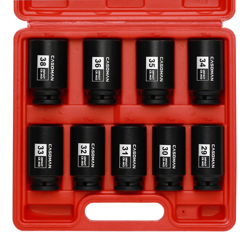 1/2-Inch Drive Deep Axle Nut Impact Socket Set, 9-Piece CR-MO 6-Point Metric Sockets, 29mm-38mm, Heavy-Duty Auto Mechanic Tools