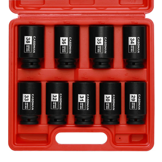 1/2-Inch Drive Deep Axle Nut Impact Socket Set, 9-Piece CR-MO 6-Point Metric Sockets, 29mm-38mm, Heavy-Duty Auto Mechanic Tools