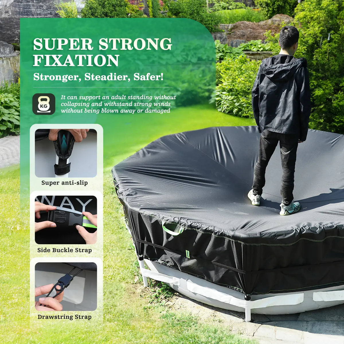 18FT Round Pool Cover – Heavy-Duty 500D Fabric with Windproof Straps & UV Protection