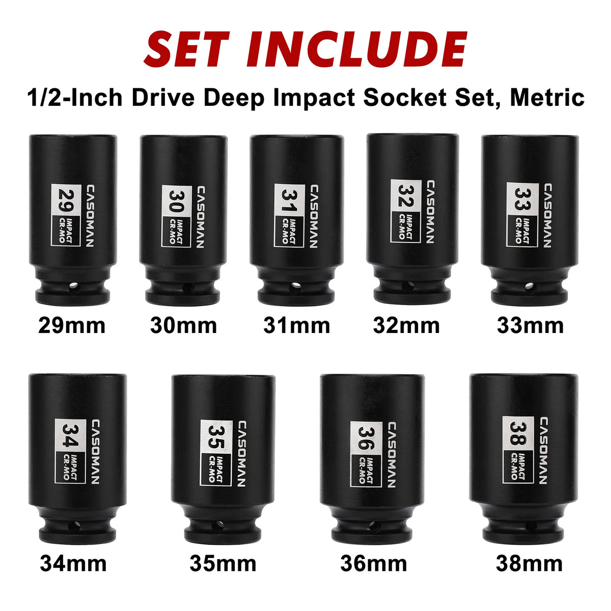 1/2-Inch Drive Deep Axle Nut Impact Socket Set, 9-Piece CR-MO 6-Point Metric Sockets, 29mm-38mm, Heavy-Duty Auto Mechanic Tools