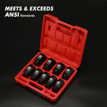 1/2-Inch Drive Deep Axle Nut Impact Socket Set, 9-Piece CR-MO 6-Point Metric Sockets, 29mm-38mm, Heavy-Duty Auto Mechanic Tools